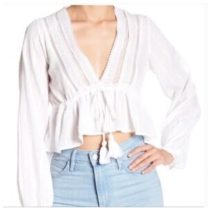 Free People White Lace Tie Front Tassel Crop Babydoll Top Long Sleeve L OB709220